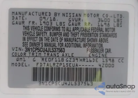 2018 Nissan Kicks S from USA, damaged, VIN 3N1CP5CU4JL537563